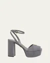 Prada Triangle Logo Suede Ankle-strap Platform Sandals In Gray