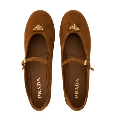 Prada Triangle Logo Suede Ballerinas In Brown