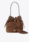 Prada Triangle Logo Suede Bucket Bag In Camel