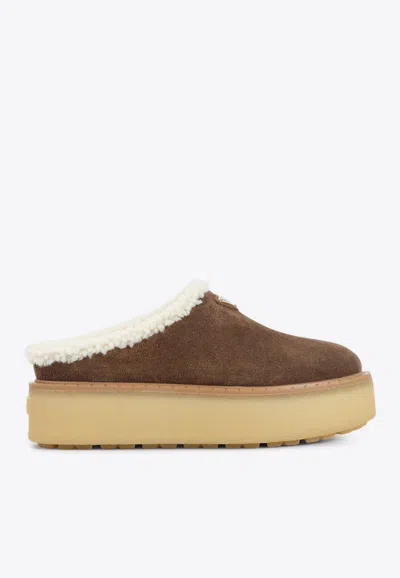 Prada Triangle Logo Suede Flatform Mules