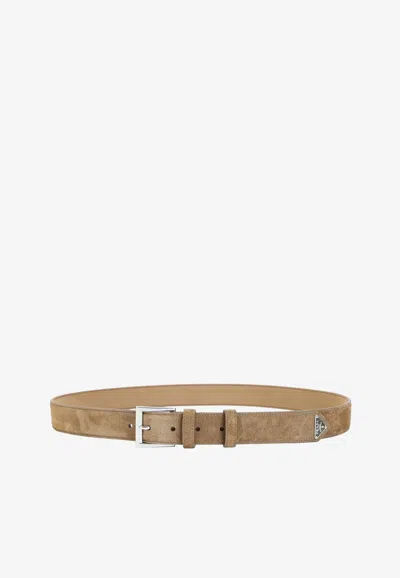 Prada Triangle Logo Suede Leather Belt In Brown