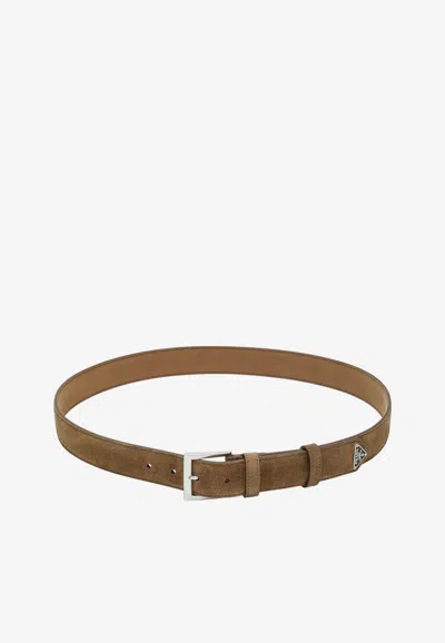 Prada Triangle Logo Suede Leather Belt In Brown