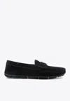 Prada Enamel-triangle-logo Suede Loafers In Black