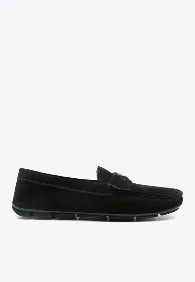 PRADA TRIANGLE LOGO SUEDE LOAFERS