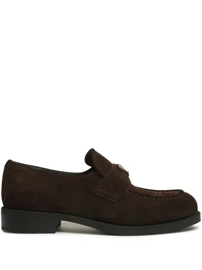 Prada Enamel Triangle-logo Suede Loafers In Brown