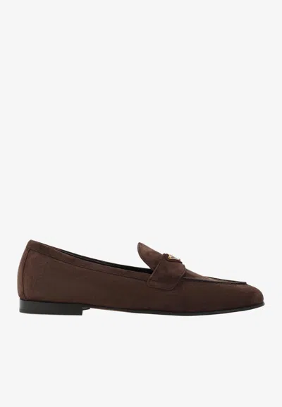 Prada Triangle Logo Suede Loafers In Brown