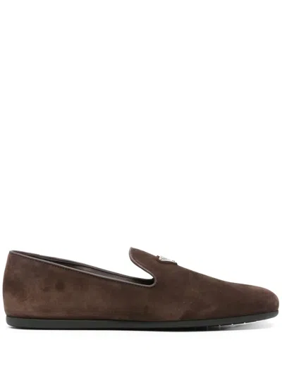 Prada Triangle-logo Suede Loafers In Brown