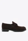 Prada Enamel Triangle-logo Suede Loafers In Brown