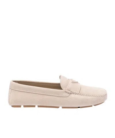 Prada Triangle-logo Suede Loafers In Nude