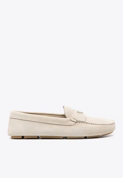 Prada Triangle Logo Suede Loafers In Neutral