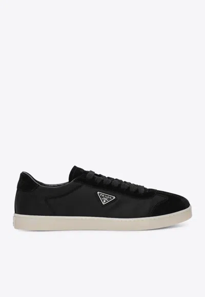 Prada Triangle Logo Suede Low-top Sneakers In Black