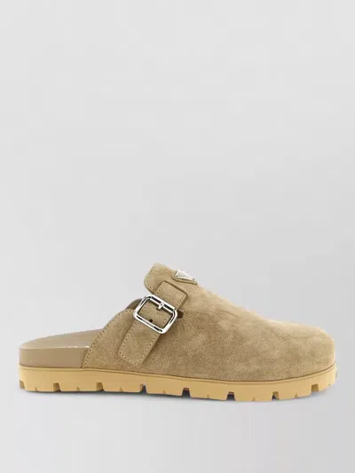Prada Triangle Logo Suede Sabots Slip On In Neutral