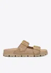 Prada Triangle Logo Suede Sandals In Beige
