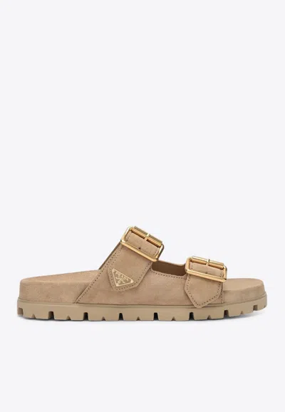 Prada Triangle Logo Suede Sandals In Beige