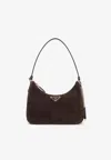 Prada Triangle Logo Suede Shoulder Bag In White