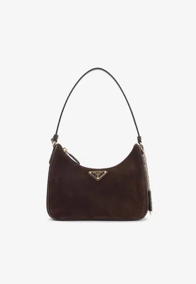 PRADA TRIANGLE LOGO SUEDE SHOULDER BAG