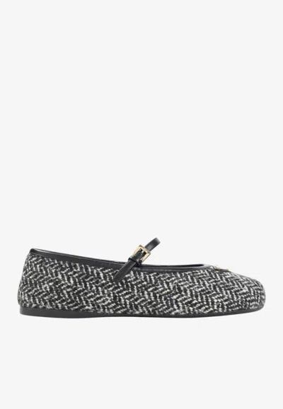 Prada Triangle Logo Textured Wool Ballet Flats In Black