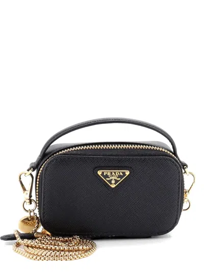 Pre-owned Prada Triangle Logo Top Handle Pouch Saffiano Leather Mini Crossbody Bag In Black