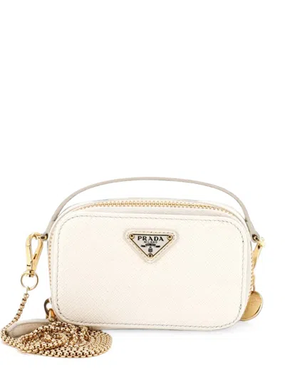 Pre-owned Prada Triangle Logo Top Handle Pouch Saffiano Leather Mini Crossbody Bag In White