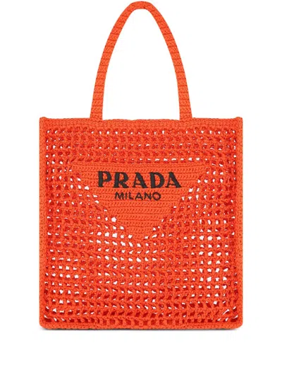 Prada Triangle-logo Crochet Raffia Tote Bag In Orange