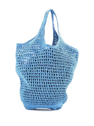 Pre-owned Prada Triangle Logo Tote Raffia Small Bucket Bag In Blue