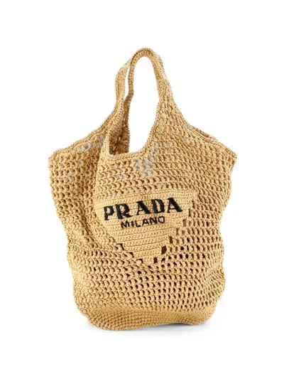 Pre-owned Prada Triangle Logo Tote Raffia Small Bucket Bag In Neutral