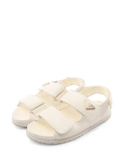 Pre-owned Prada Triangle Logo Touch-strap Sandals In White