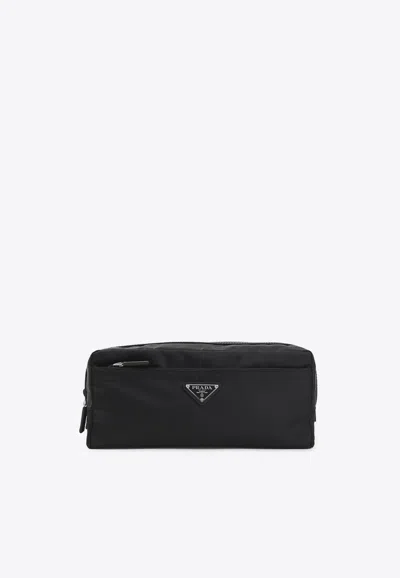 Prada Triangle Logo Travel Pouch In Black