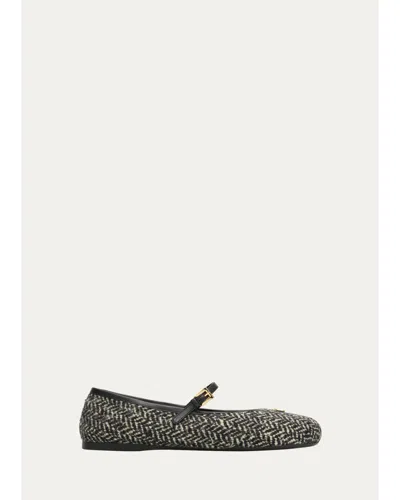 Prada Triangle Logo Tweed Chevron Mary Jane Ballerina Flats In Black