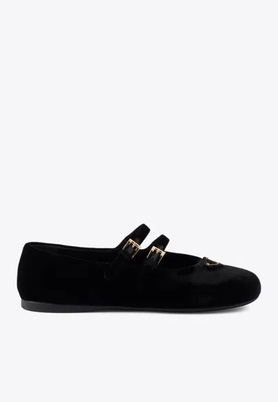 Prada Triangle Logo Velvet Ballet Flats In Black