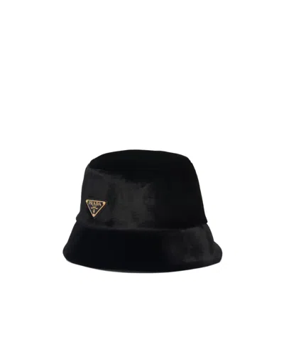 PRADA PRADA TRIANGLE-LOGO VELVET BUCKET HAT