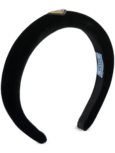 Prada Triangle-logo Velvet Headband In Black