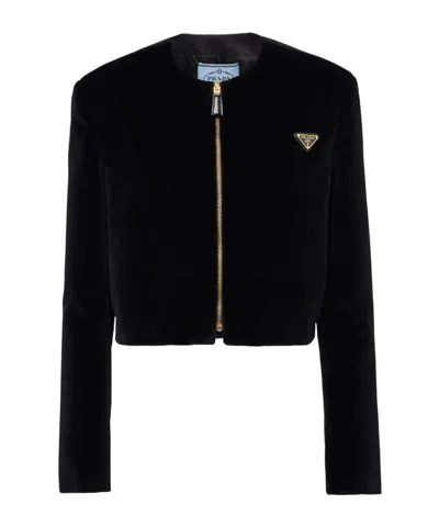 Prada Triangle-logo Velvet Jacket In Black