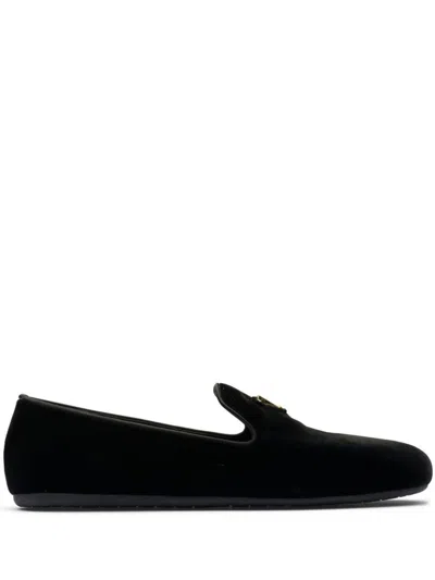 Prada Triangle Logo Velvet Loafers In Black