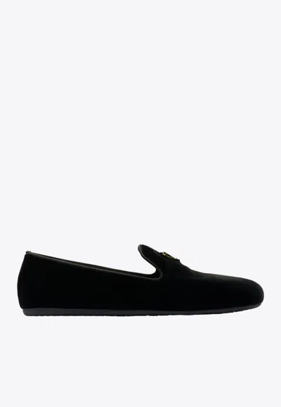 Prada Triangle Logo Velvet Loafers In Black