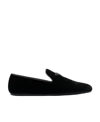 Prada Triangle-logo Velvet Loafers In Black