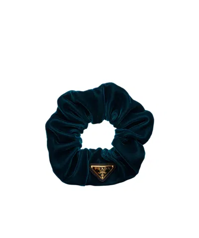 Prada Triangle-logo Velvet Scrunchie In Dark Cyan