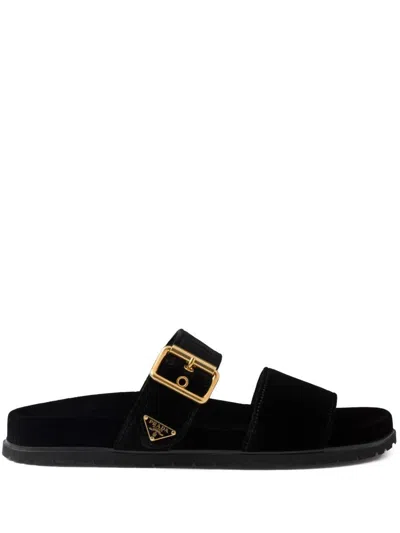 Prada Triangle-logo Velvet Slides