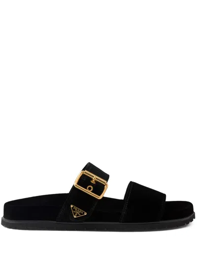 Prada Triangle Logo Velvet Slides In Black