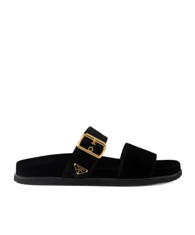 Prada Triangle Logo Velvet Flat Sandals In Black