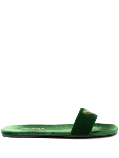 Prada Triangle-logo Velvet Slides In Green