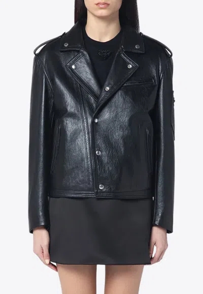 Prada Triangle Logo Vintage Leather Jacket In Black