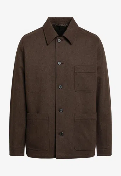 Prada Triangle Logo Virgin Wool Overshirt In Brown