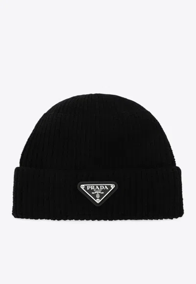 Prada Triangle Logo Wool Beanie In Black