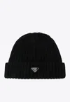 Prada Triangle Logo Wool Beanie In Black