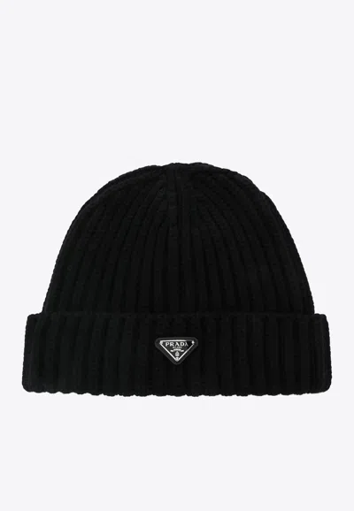 Prada Triangle Logo Wool Beanie In Black