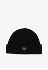 Prada Triangle Logo Wool Beanie In Black