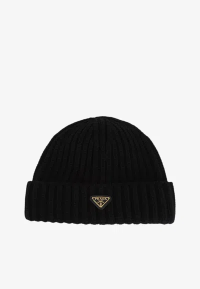 Prada Triangle Logo Wool Beanie In Black