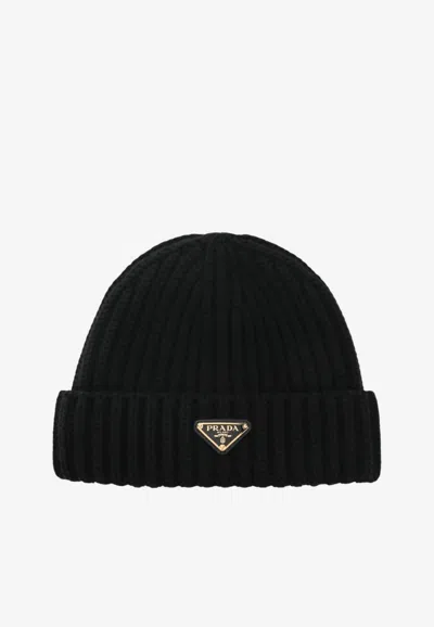 Prada Triangle Logo Wool Beanie In Black