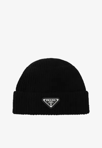 Prada Triangle Logo Wool Beanie In Black